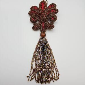 Vintage Beaded Fleur De Lis Wall Door Hanging Ornament Tassel Ornate Embroidered
